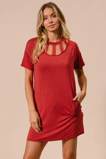 BiBi Front Cutout Mini Tee Dress with Pockets - Bitsy Gypsy Boutique