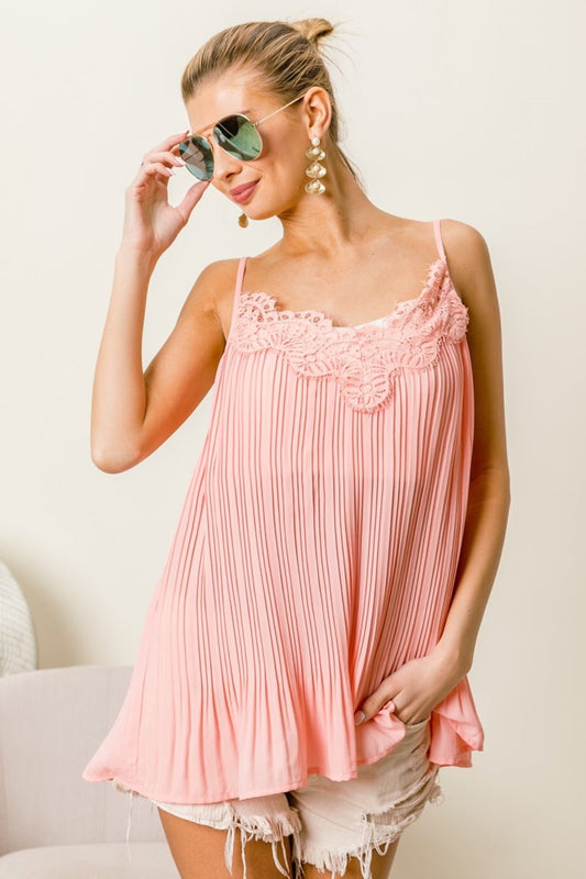 BiBi Front Lace Detailed Pleated Chiffon Cami - Bitsy Gypsy Boutique