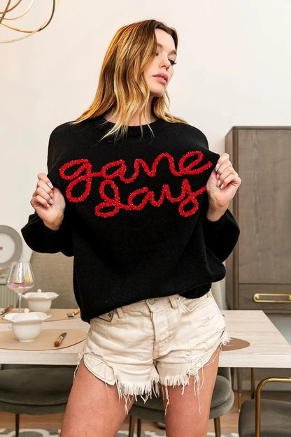 BiBi Game Day Metallic Letter Sweater - Bitsy Gypsy Boutique