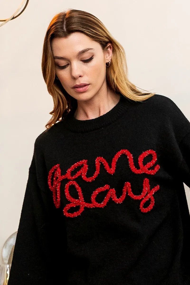 BiBi Game Day Metallic Letter Sweater - Bitsy Gypsy Boutique