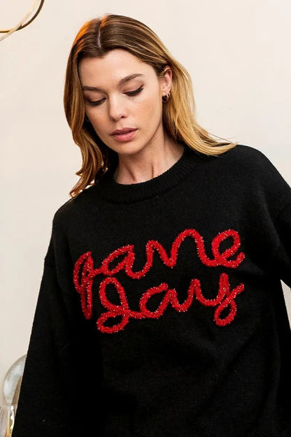 BiBi Game Day Metallic Letter Sweater - Bitsy Gypsy Boutique