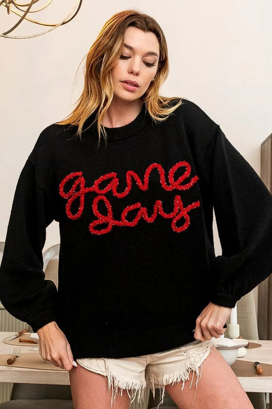 BiBi Game Day Metallic Letter Sweater - Bitsy Gypsy Boutique