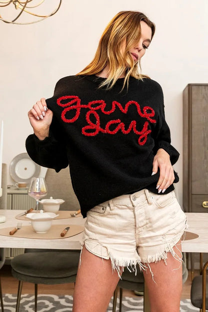 BiBi Game Day Metallic Letter Sweater - Bitsy Gypsy Boutique