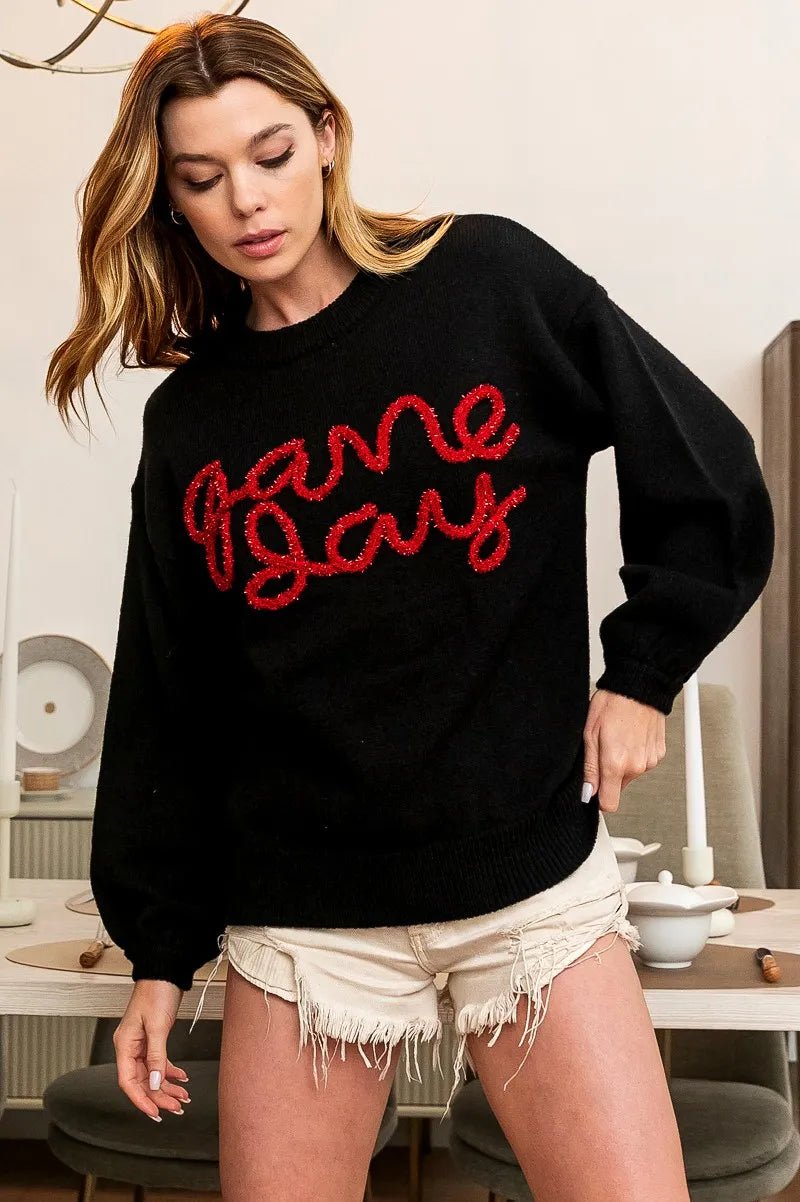 BiBi Game Day Metallic Letter Sweater - Bitsy Gypsy Boutique
