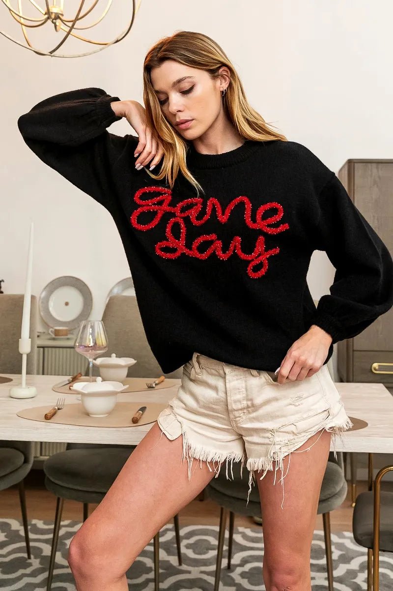 BiBi Game Day Metallic Letter Sweater - Bitsy Gypsy Boutique