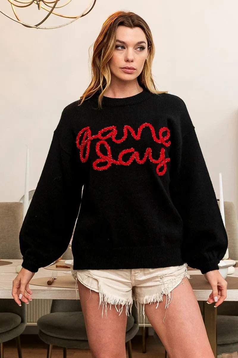 BiBi Game Day Metallic Letter Sweater - Bitsy Gypsy Boutique