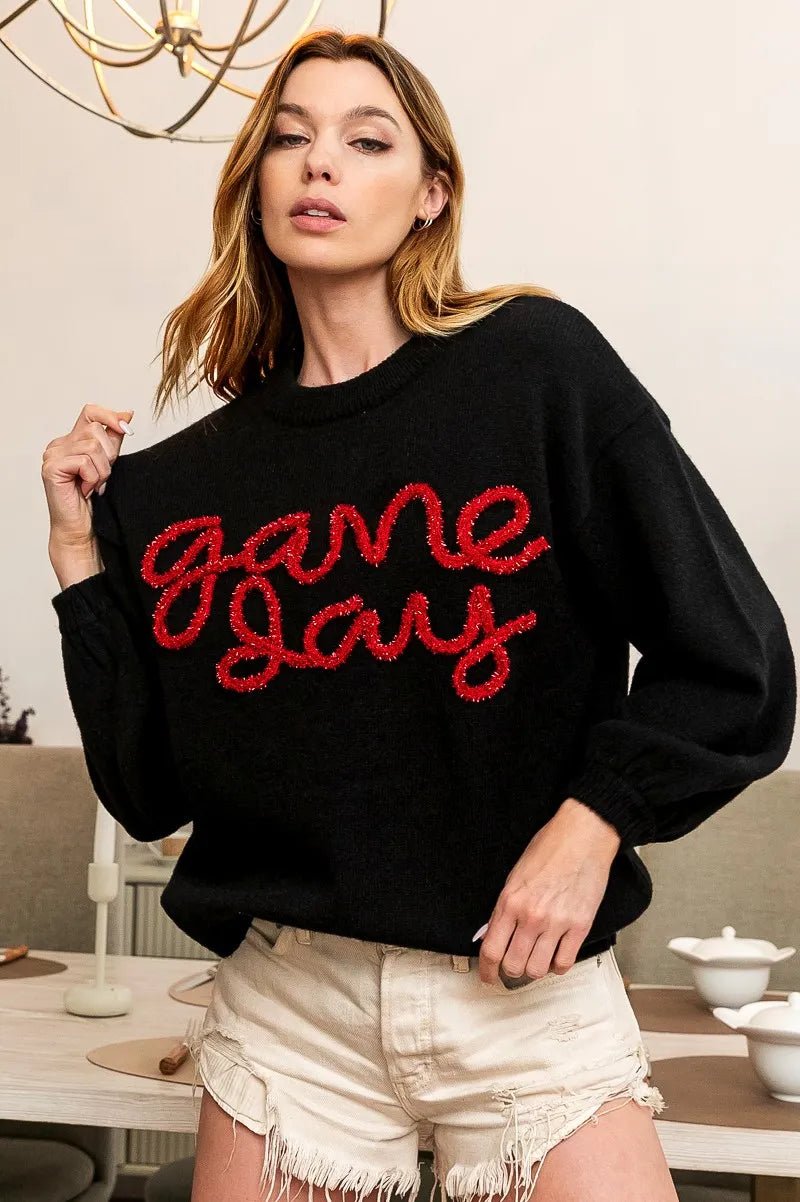 BiBi Game Day Metallic Letter Sweater - Bitsy Gypsy Boutique