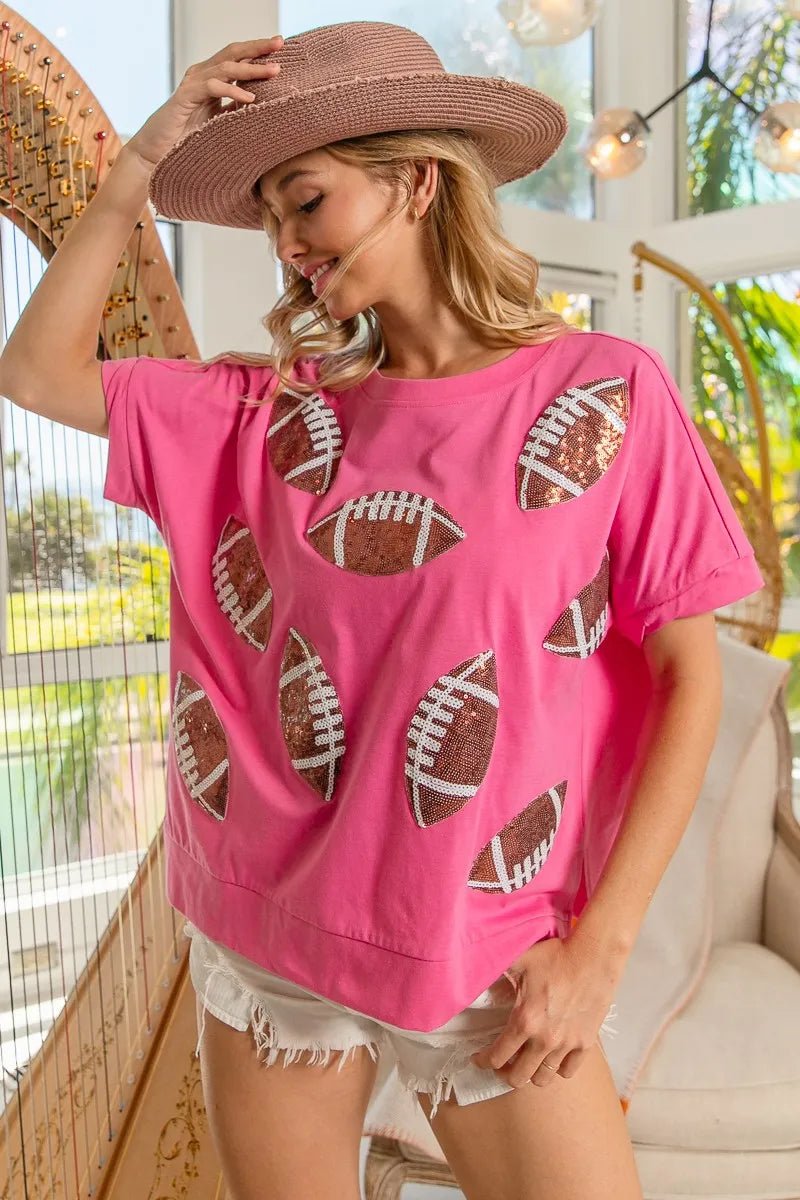 BiBi Game Day Sequins Patched Half Sleeves Top - Bitsy Gypsy Boutique