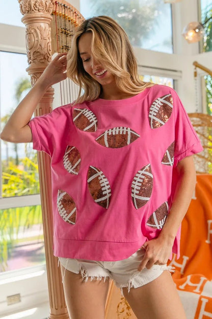 BiBi Game Day Sequins Patched Half Sleeves Top - Bitsy Gypsy Boutique