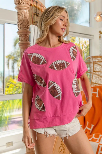 BiBi Game Day Sequins Patched Half Sleeves Top - Bitsy Gypsy Boutique