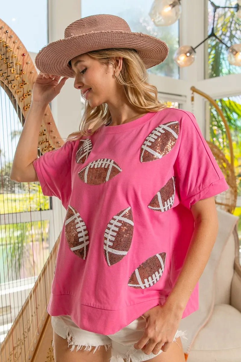 BiBi Game Day Sequins Patched Half Sleeves Top - Bitsy Gypsy Boutique