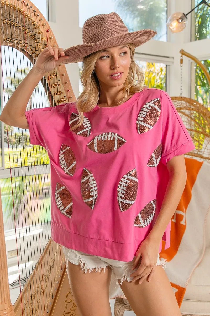 BiBi Game Day Sequins Patched Half Sleeves Top - Bitsy Gypsy Boutique