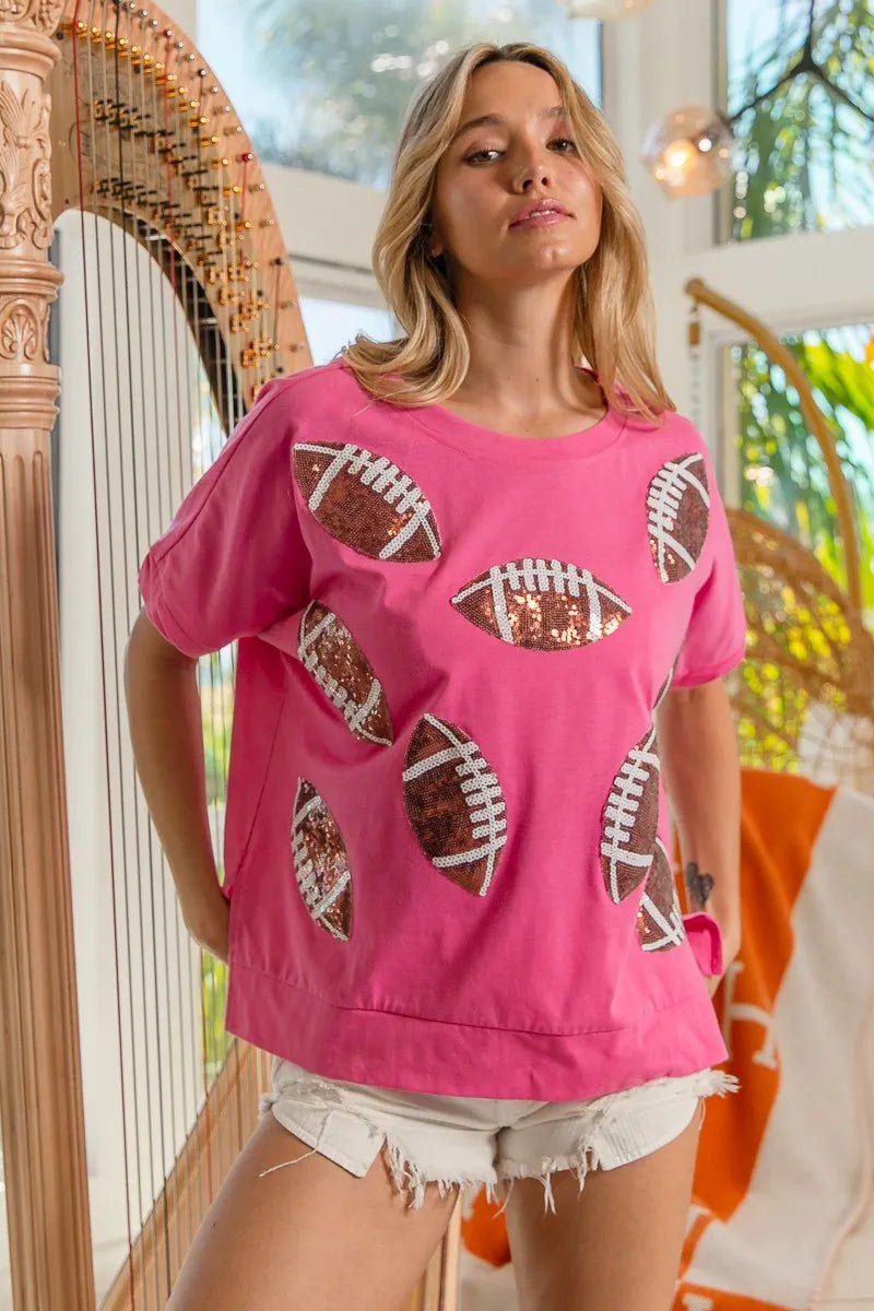 BiBi Game Day Sequins Patched Half Sleeves Top - Bitsy Gypsy Boutique