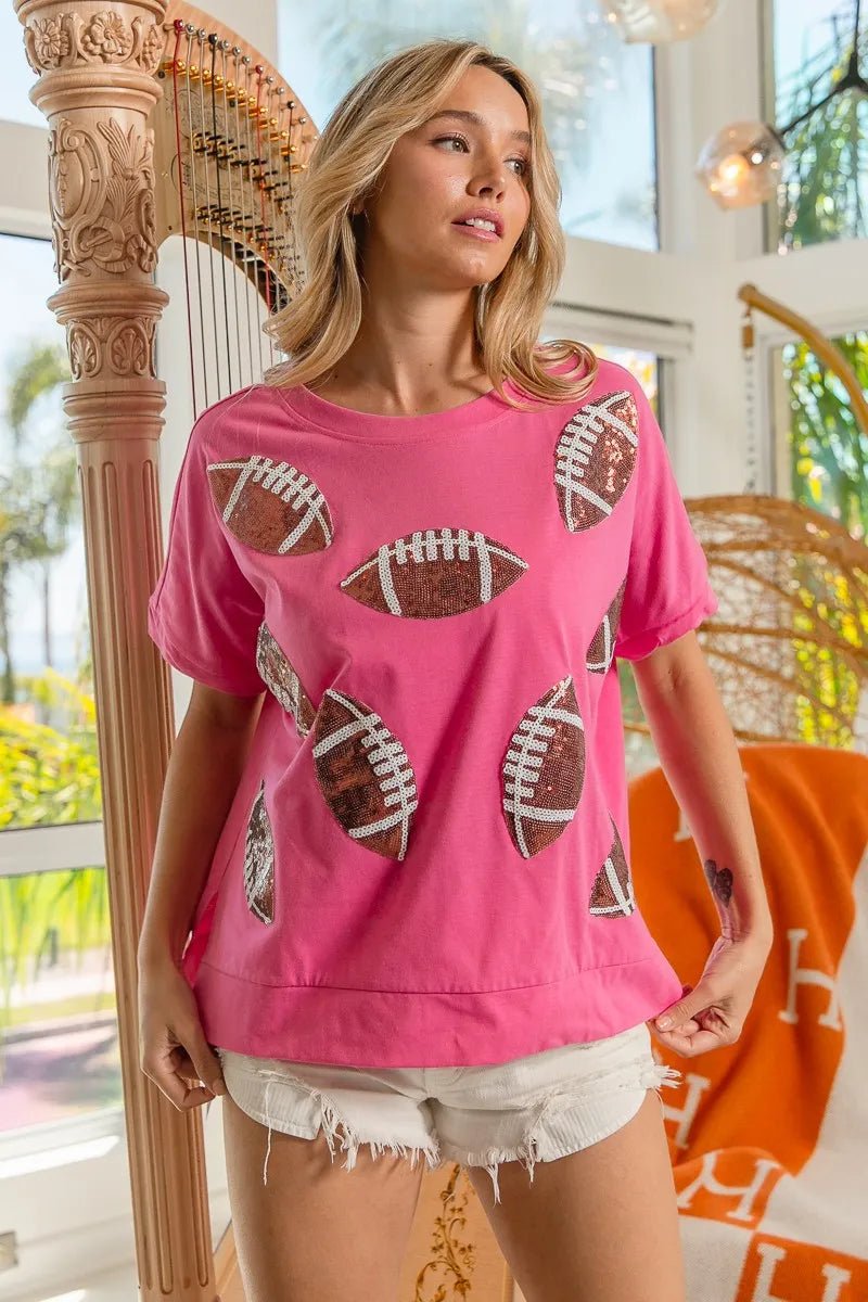 BiBi Game Day Sequins Patched Half Sleeves Top - Bitsy Gypsy Boutique