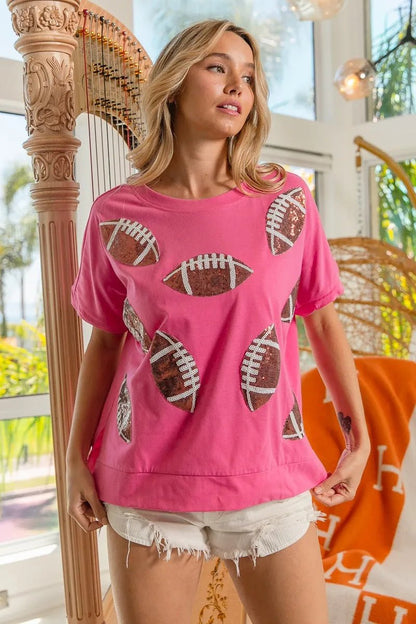 BiBi Game Day Sequins Patched Half Sleeves Top - Bitsy Gypsy Boutique