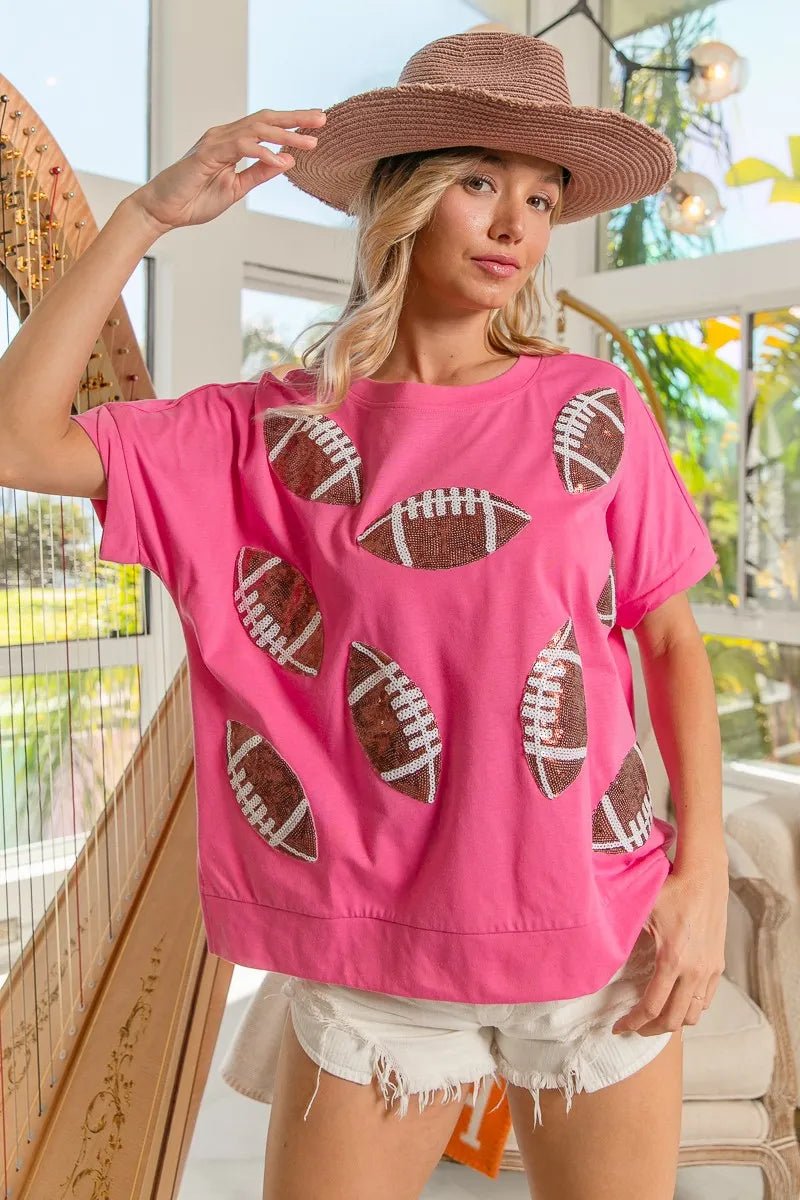 BiBi Game Day Sequins Patched Half Sleeves Top - Bitsy Gypsy Boutique