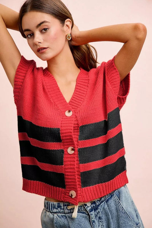 BiBi Game Day Theme Stripe Buttoned V Neck Knit Cardigan - Bitsy Gypsy Boutique