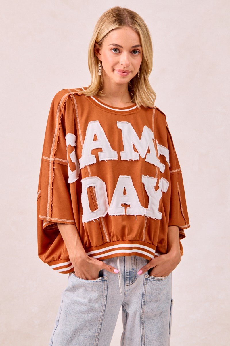 BiBi Gameday Patchwork Stitch Detail French Terry Top - Bitsy Gypsy Boutique
