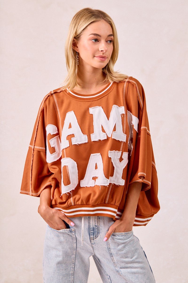 BiBi Gameday Patchwork Stitch Detail French Terry Top - Bitsy Gypsy Boutique