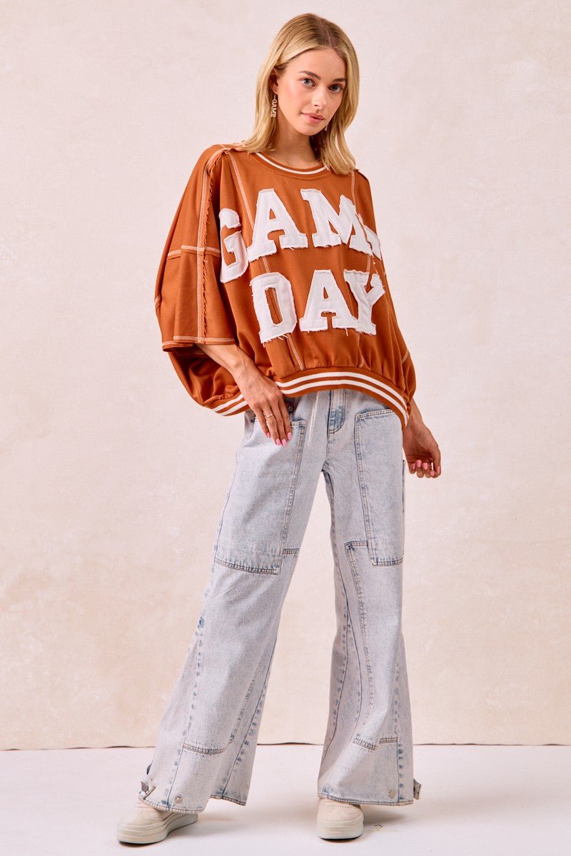 BiBi Gameday Patchwork Stitch Detail French Terry Top - Bitsy Gypsy Boutique