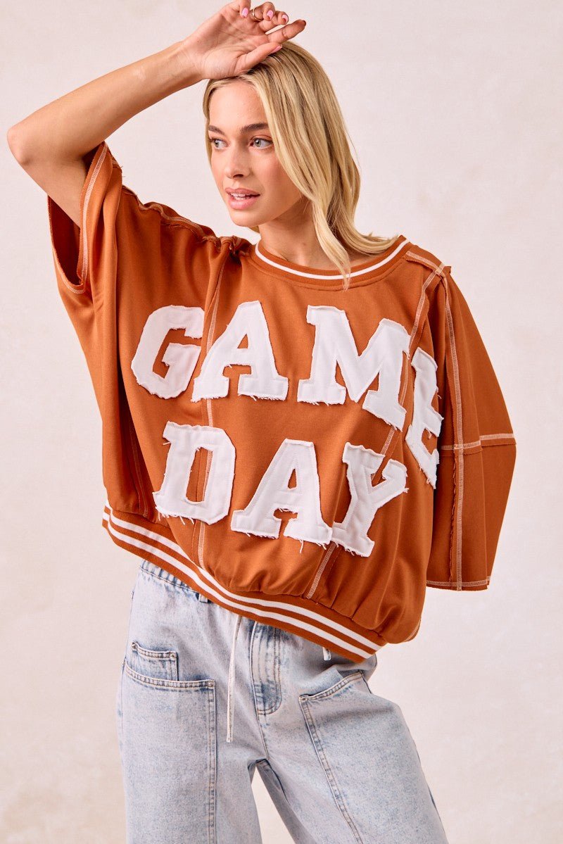 BiBi Gameday Patchwork Stitch Detail French Terry Top - Bitsy Gypsy Boutique