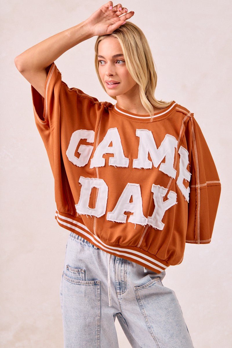 BiBi Gameday Patchwork Stitch Detail French Terry Top - Bitsy Gypsy Boutique