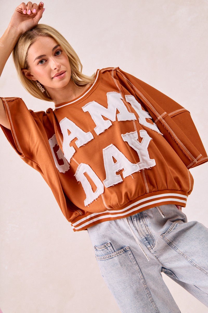 BiBi Gameday Patchwork Stitch Detail French Terry Top - Bitsy Gypsy Boutique