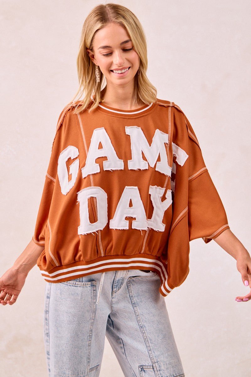 BiBi Gameday Patchwork Stitch Detail French Terry Top - Bitsy Gypsy Boutique