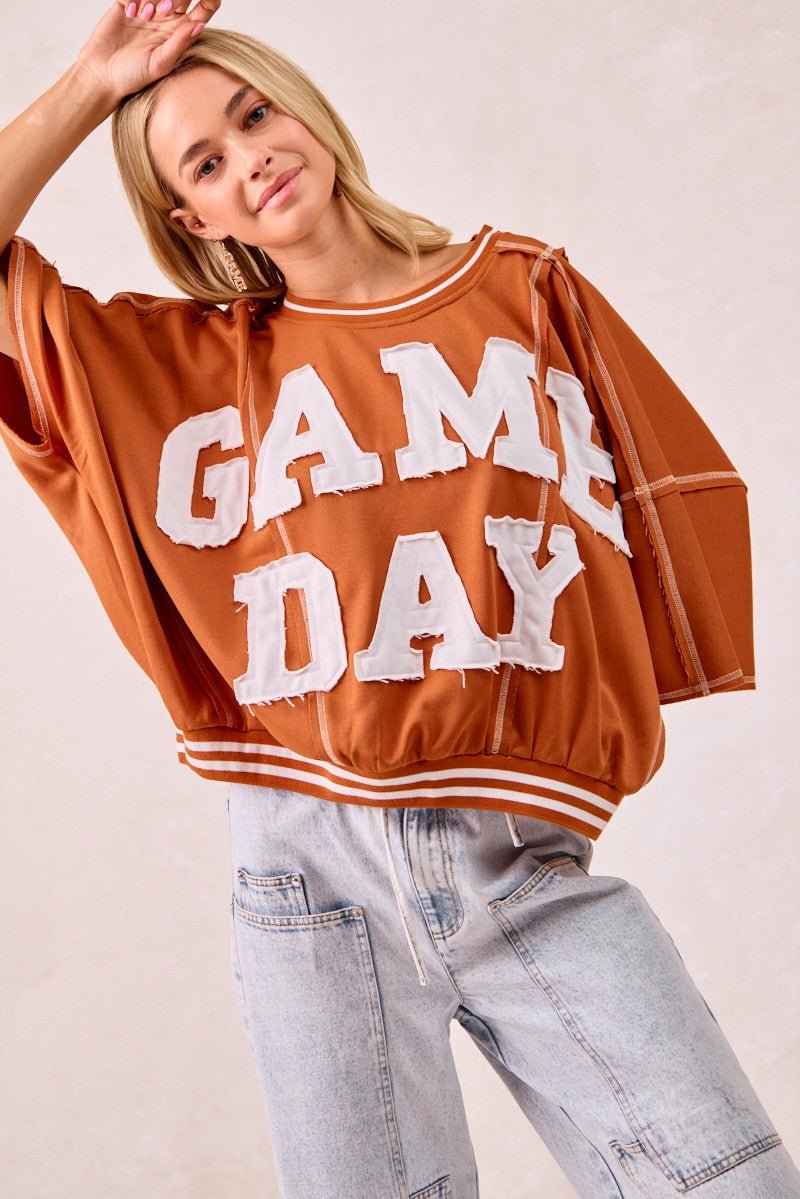 BiBi Gameday Patchwork Stitch Detail French Terry Top - Bitsy Gypsy Boutique