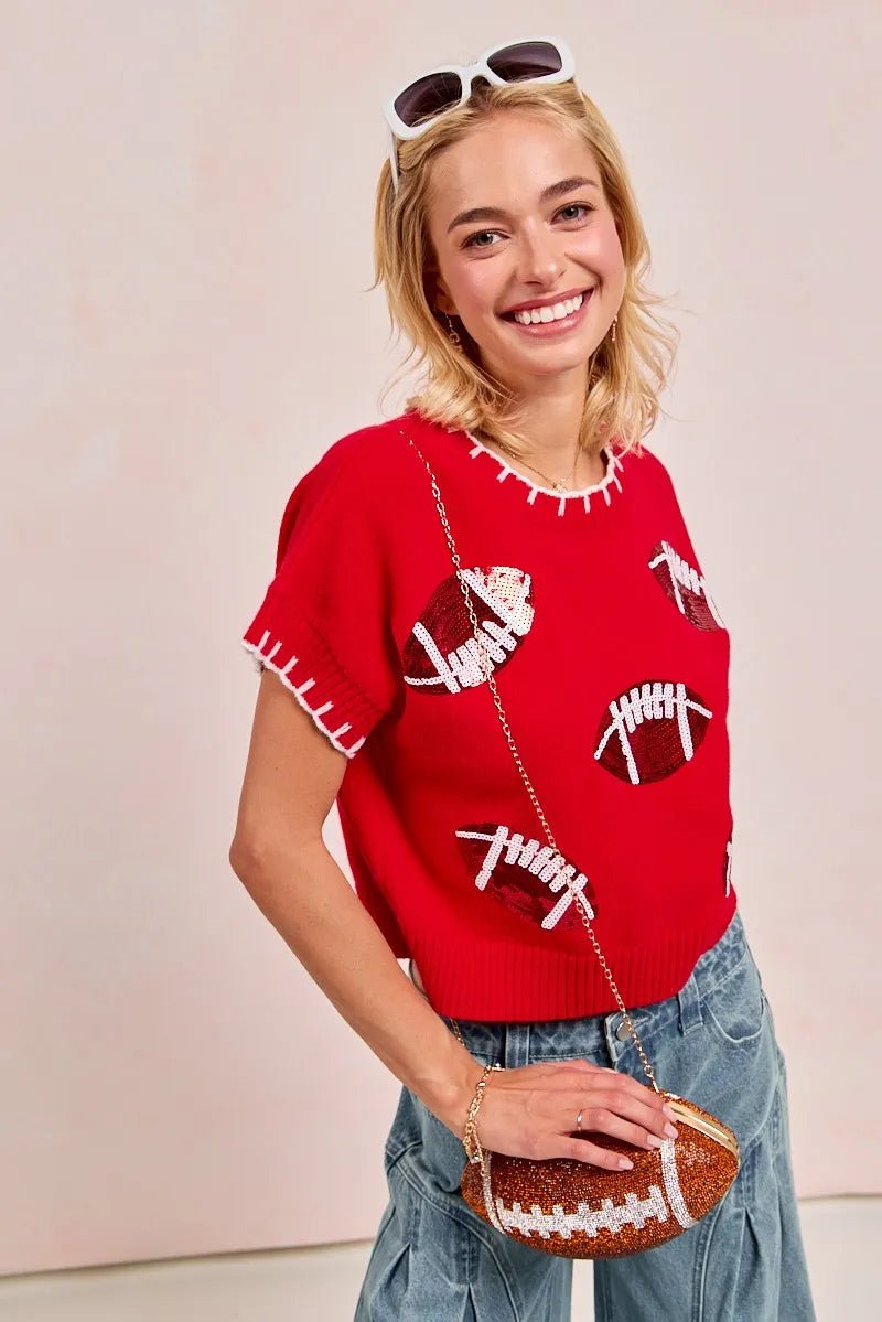 BiBi Gameday Sequin Football Embroidered Stitch Sweater - Bitsy Gypsy Boutique