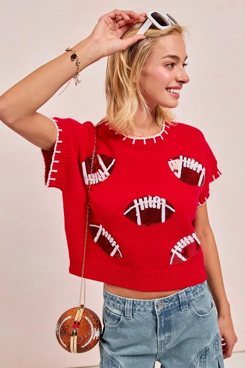 BiBi Gameday Sequin Football Embroidered Stitch Sweater - Bitsy Gypsy Boutique