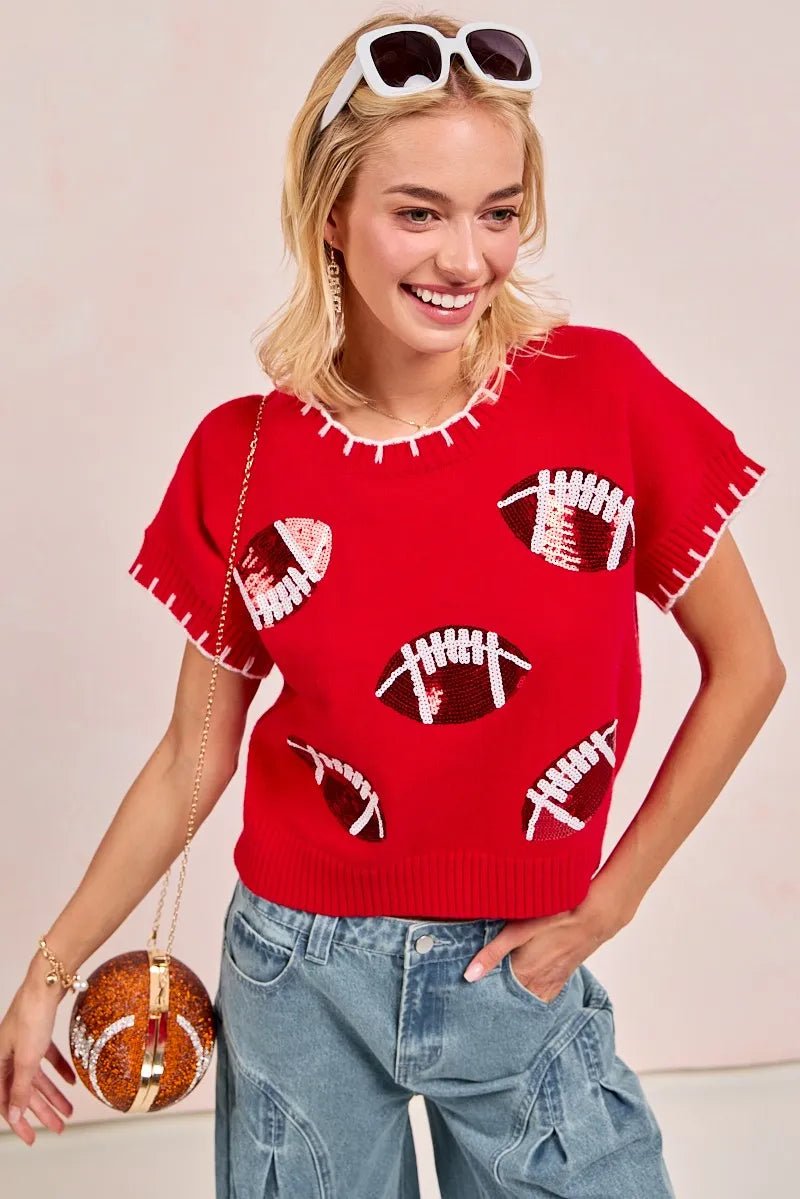 BiBi Gameday Sequin Football Embroidered Stitch Sweater - Bitsy Gypsy Boutique