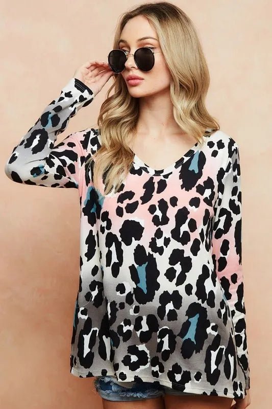 BiBi Gradation Leopard Print Soft Knit Deep U Neck Top - Bitsy Gypsy Boutique