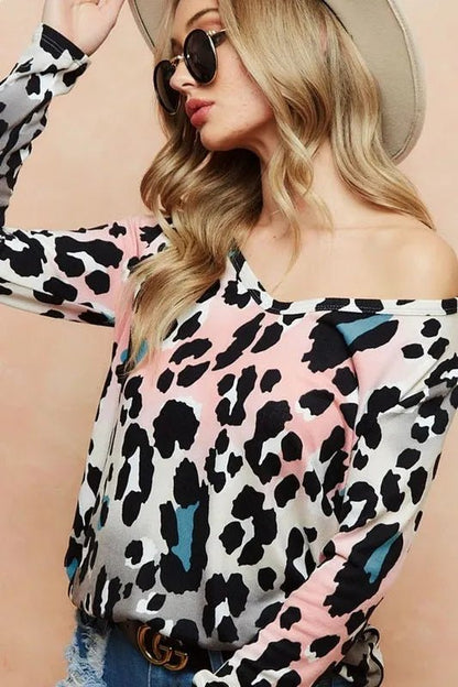 BiBi Gradation Leopard Print Soft Knit Deep U Neck Top - Bitsy Gypsy Boutique