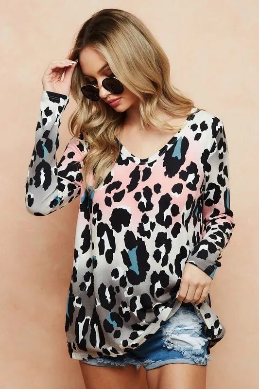 BiBi Gradation Leopard Print Soft Knit Deep U Neck Top - Bitsy Gypsy Boutique