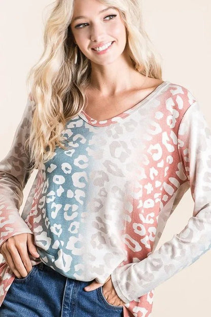 BiBi Gradation Leopard Print Textured Knit Top - Bitsy Gypsy Boutique