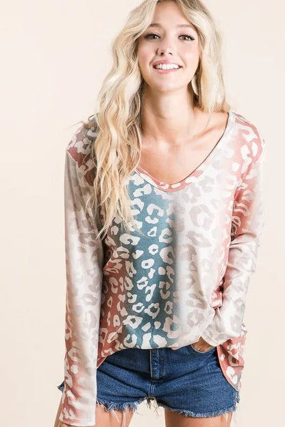 BiBi Gradation Leopard Print Textured Knit Top - Bitsy Gypsy Boutique