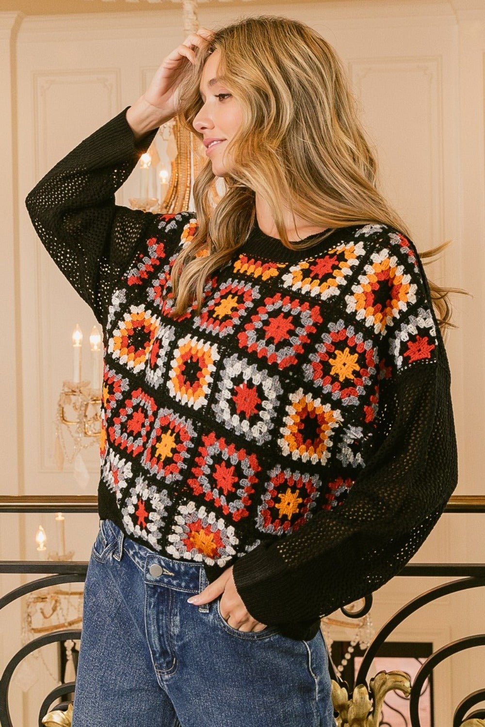 BiBi Granny Square Front Long Sleeve Top - Bitsy Gypsy Boutique