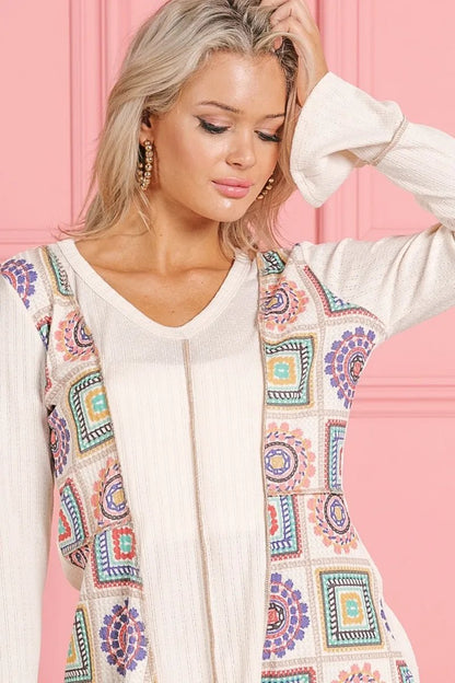 BiBi Granny Square Print Contrast Annie Rib V Neck Top - Bitsy Gypsy Boutique