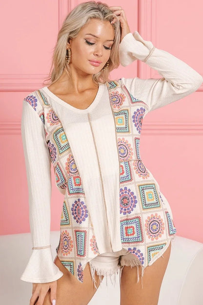BiBi Granny Square Print Contrast Annie Rib V Neck Top - Bitsy Gypsy Boutique
