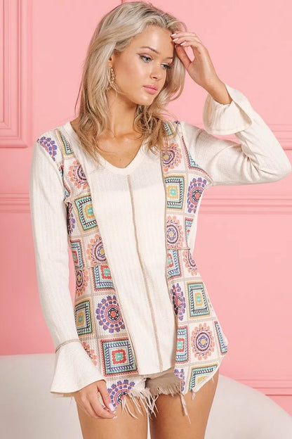 BiBi Granny Square Print Contrast Annie Rib V Neck Top - Bitsy Gypsy Boutique