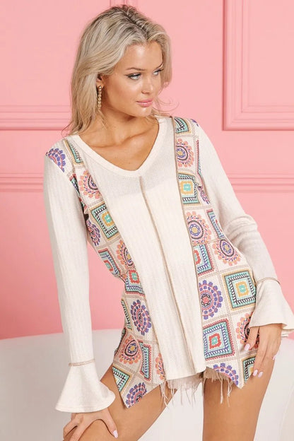 BiBi Granny Square Print Contrast Annie Rib V Neck Top - Bitsy Gypsy Boutique