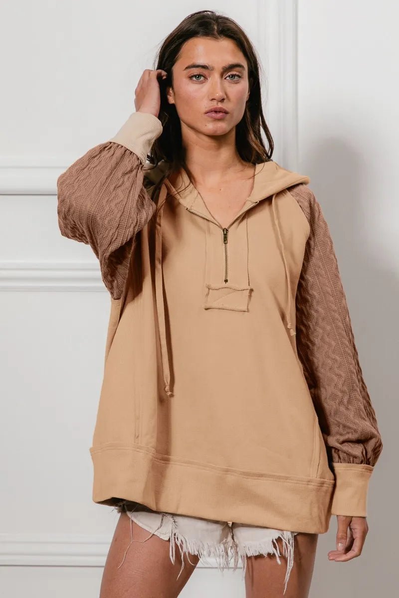 BiBi Half Zip French Terry Hoodie with Kint Sleeves - Bitsy Gypsy Boutique