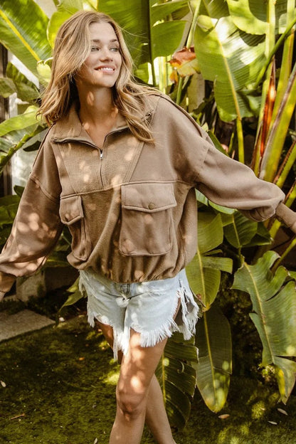 BiBi Half Zip Vintage Washed Fleece Pullover - Bitsy Gypsy Boutique