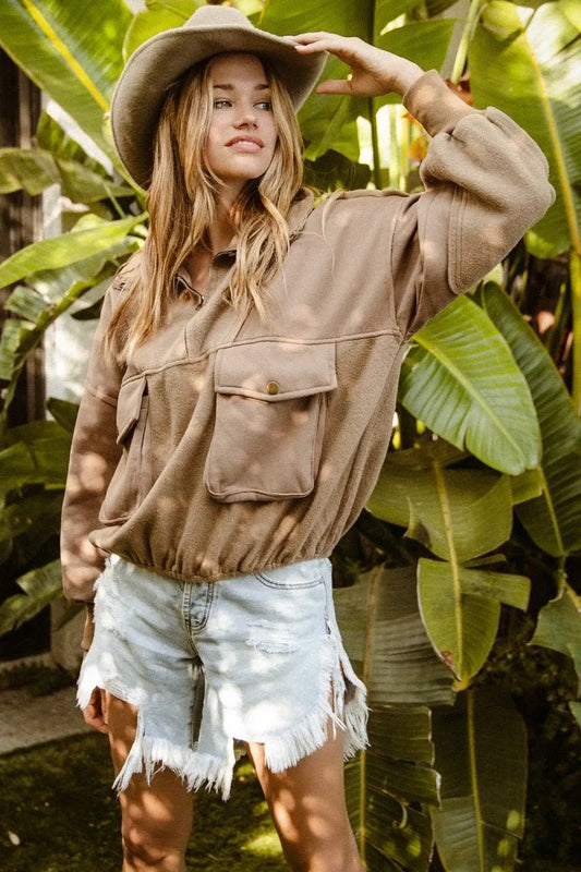 BiBi Half Zip Vintage Washed Fleece Pullover - Bitsy Gypsy Boutique