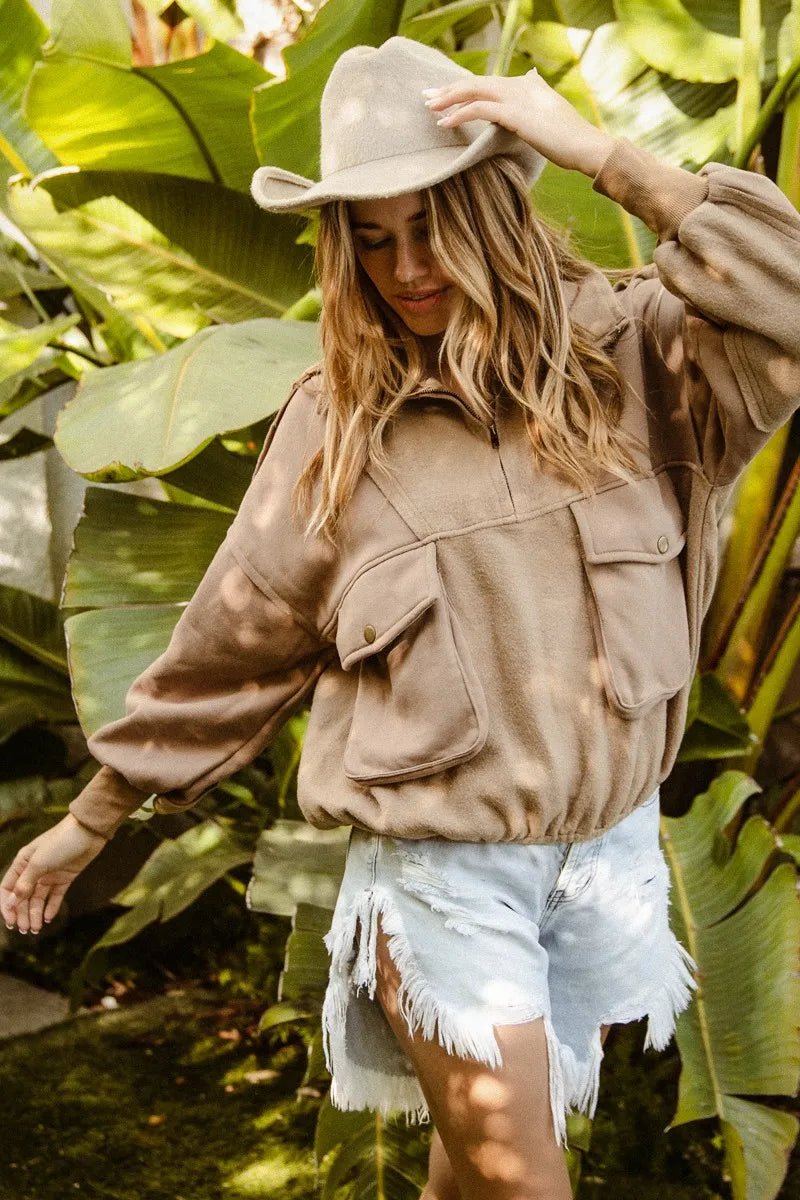 BiBi Half Zip Vintage Washed Fleece Pullover - Bitsy Gypsy Boutique