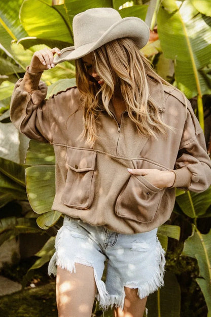 BiBi Half Zip Vintage Washed Fleece Pullover - Bitsy Gypsy Boutique