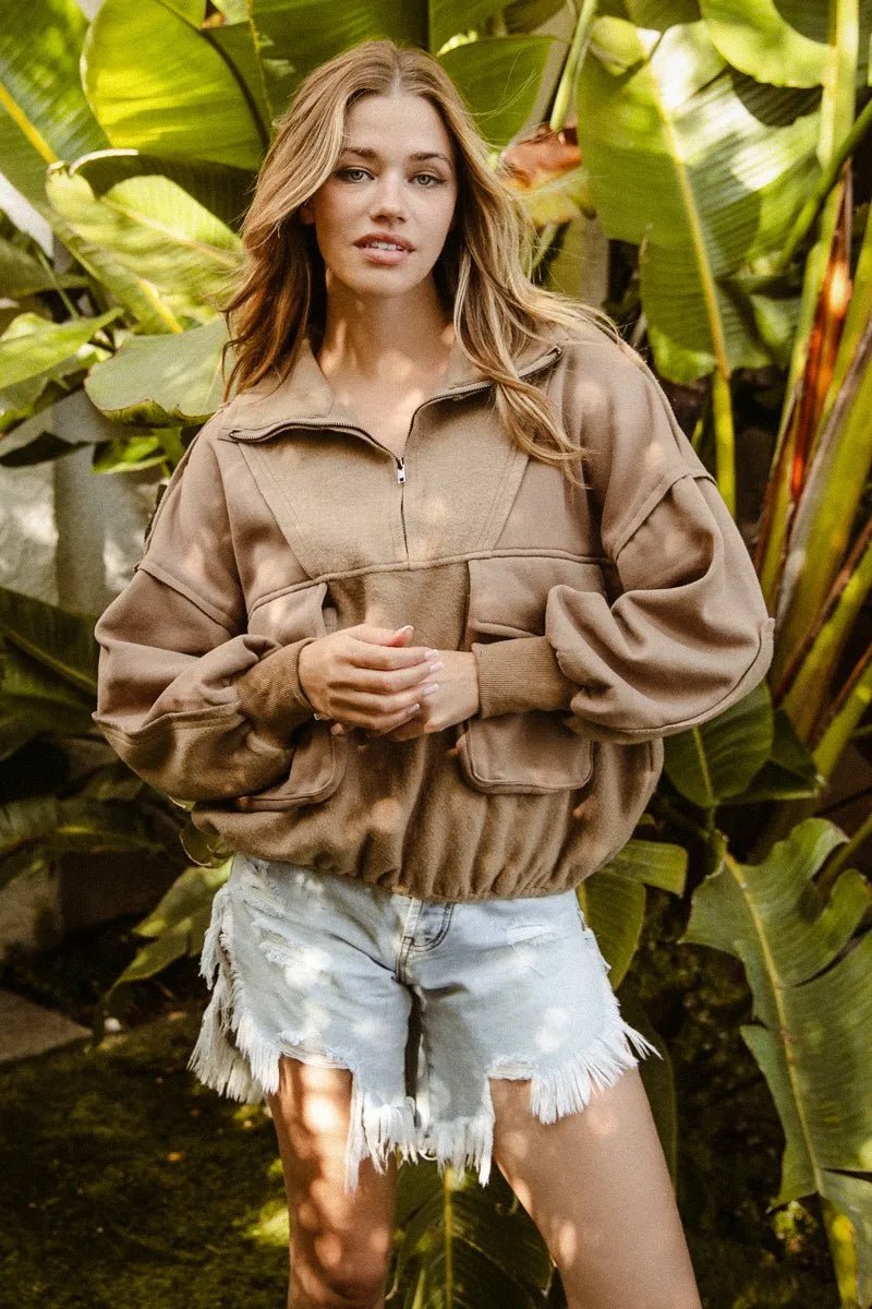 BiBi Half Zip Vintage Washed Fleece Pullover - Bitsy Gypsy Boutique