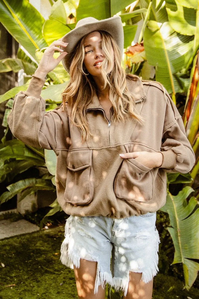 BiBi Half Zip Vintage Washed Fleece Pullover - Bitsy Gypsy Boutique