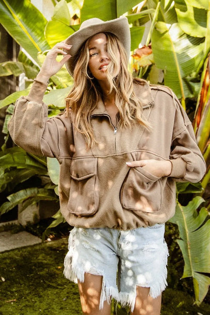 BiBi Half Zip Vintage Washed Fleece Pullover - Bitsy Gypsy Boutique